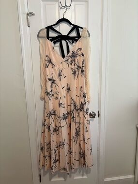 Anthropologie Peach Maxi Dress with Black Floral Sketch & Bow Back